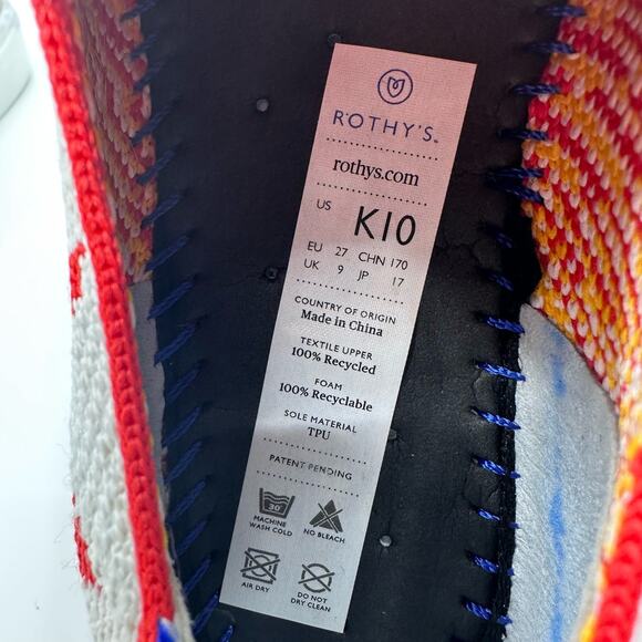 Rothy's Flame Youth The Kids Sneaker Us K10 Red/White/Yellow/Blue Flat Pull On - Picture 7 of 10